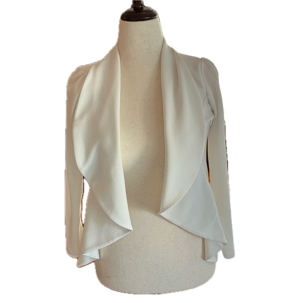 Doublju Ivory White Ruffle Drape Open Front Blazer Jacket Womens Size M Textured